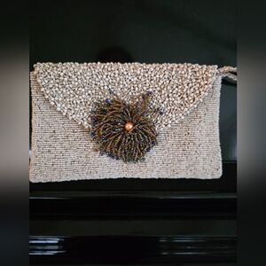 Vintage Heavy Elegant Beaded Clutch Evening Bag in Cream and Gold 1950s